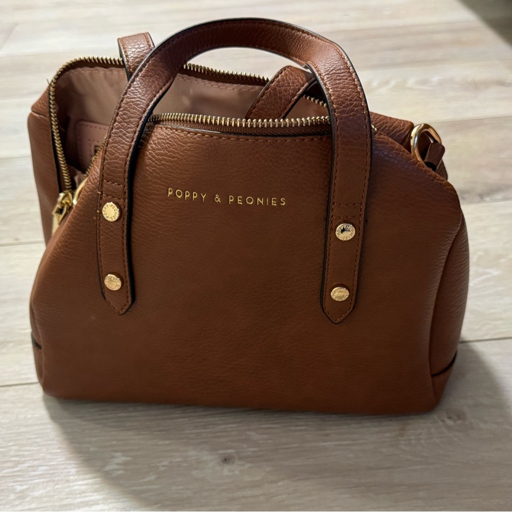 Poppy & Peonies Cognac Pebbled Leather Satchel with Gold Hardware